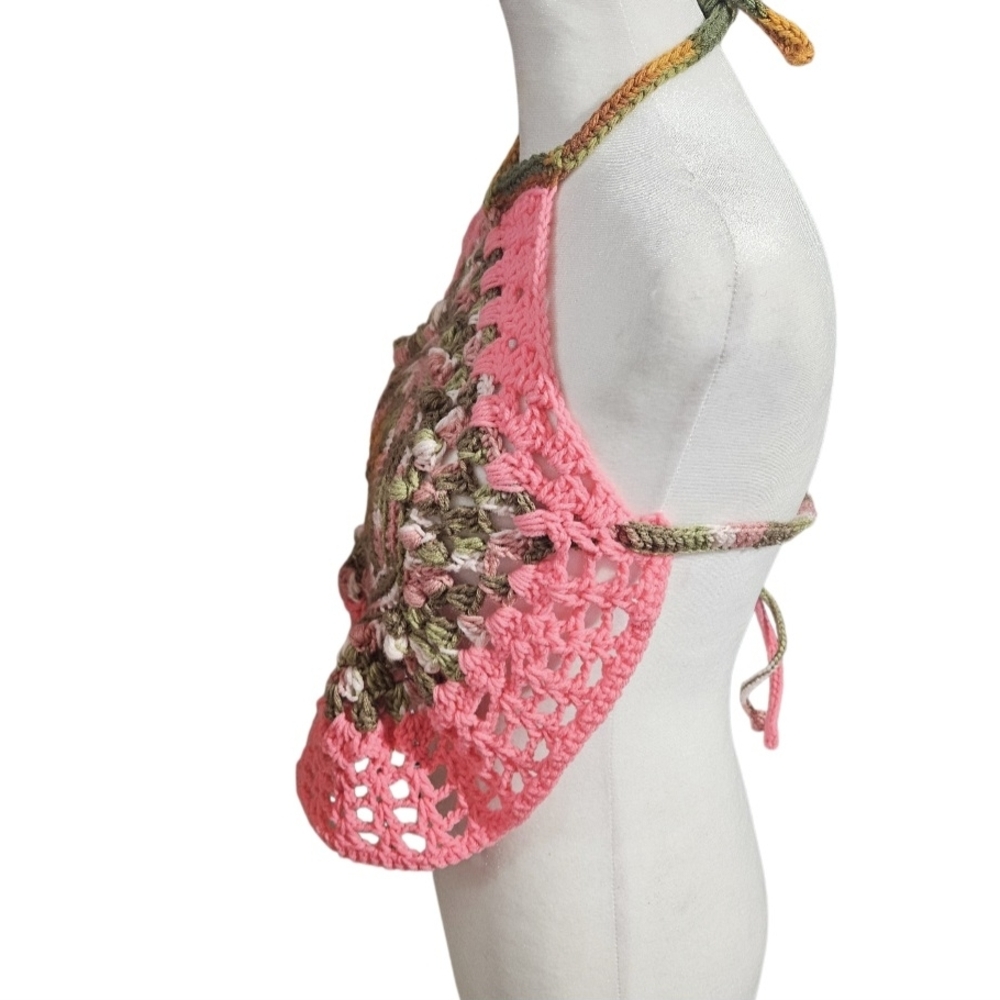 Handmade Crochet Halter Top Boho Camo Pink Green Swim Cover Up Top - Picture 6 of 17